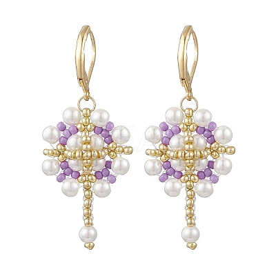 Flower with Cross 304 Stainless Steel Earrings Glass Seeds Leverback Earrings EJEW-MZ00507-03-1