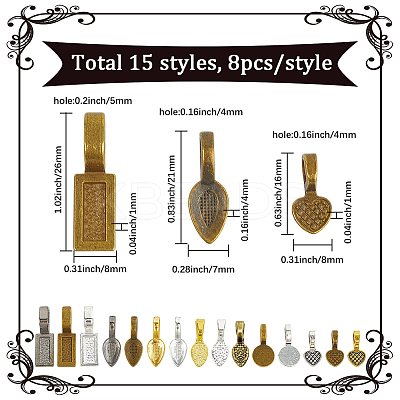 120Pcs 15 Styles Tibetan Style Alloy Glue-on Flat Pad Bails TIBE-SP0001-29-1