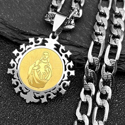 Flat Round with Virgin Pattern 201 Stainless Steel Pendant Necklaces for Men Women LS-NJEW-K283-20G-1