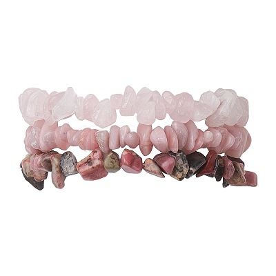 3Pcs Natural Rose Quartz & Natural Rhodonite & Natural Pink Opal Chip Beaded Stretch Bracelet Sets BJEW-JB10858-1