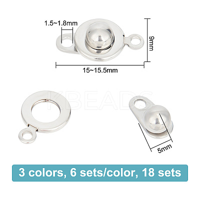 18 Sets 3 Colors 201 Stainless Steel Snap Clasps STAS-UN0045-77-1
