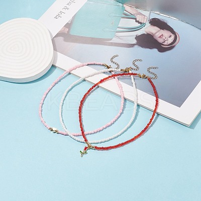 3Pcs 3 Style Glass Seed & Brass Heart Beaded Necklaces Set NJEW-JN03965-1