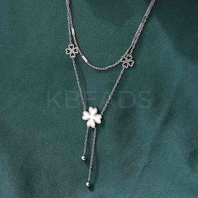 304 Stainless Steel Shell Pearl Clover Pendant Double Layered Necklaces for Women NJEW-U036-01P-1