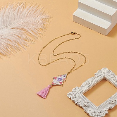 Rhombus Handmade Loom Pattern Glass Seed Pendants Necklaces with Tassel NJEW-MZ00012-1