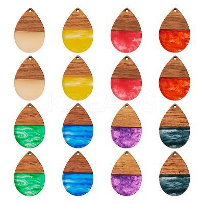 16Pcs 8 Colors Transparent Resin & Walnut Wood Pendants RESI-TA0002-66-1