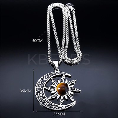 Gothic Moon Sun 201 Stainless Steel Pave Natural Tiger Eye Pendant Necklaces for Women FS-WG56BEB-01-1