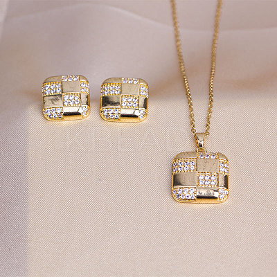 Square 304 Stainless Steel Crystal Rhinestone Pendant Necklaces & Stud Earrings Sets FS-WGB49B1-02-1