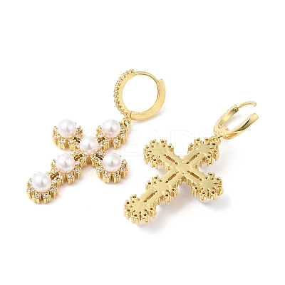 Cubic Zirconia Cross Dangle Hoop Earrings with ABS Plastic Imitation Pearl EJEW-L264-004G-1