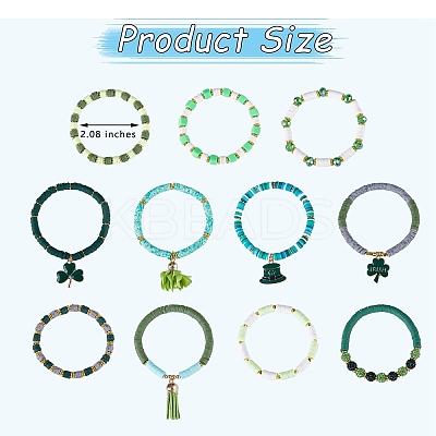 11Pcs 11 Style Alloy Enamel Clover & Cloth Flower Tassel Charm Stretch Bracelets Set BJEW-SW00101-1