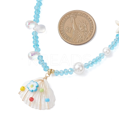 Ocean Natural Shell Copper Wire Wrapped Flower Shell Pendant Faceted Rondelle Glass and Round Shell Pearl Beaded Necklaces NJEW-TA00222-1