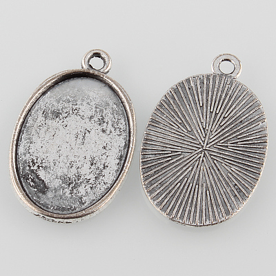Tibetan Style Antique Silver Alloy Flat Oval Pendant Cabochon Settings TIBEP-M022-37AS-1