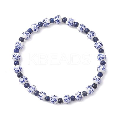 Handmade Flower Printed Porcelain Ceramic & Natural Lapis Lazuli Beads Stretch Bracelets for Women BJEW-JB12932-1