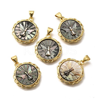 Brass with Natural Shell Carved Pendants KK-Z091-01G-01-1