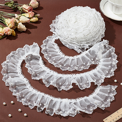 4 Yards Polyester Pleated Bowknot Lace Ribbons OCOR-WH0086-63-1