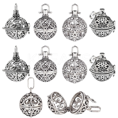 10Pcs 5 Styles Round Brass Hollow Cage Pendants KK-SC0003-07-1