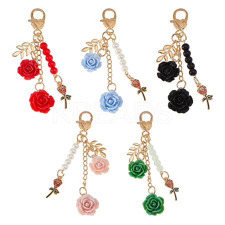 5Pcs 5 Colors Camellia Plastic Pendant Decorations AJEW-FH0006-03-1