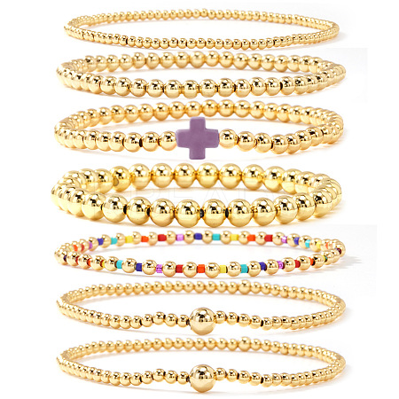 7Pcs Brass Round Beaded Bracelets for Women SB9067-10-1