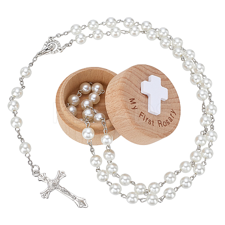 1Pc Alloy Crucifix Cross Virgin Pendant White Round Glass Pearl Rosary Bead Necklaces NJEW-FG0001-23-1
