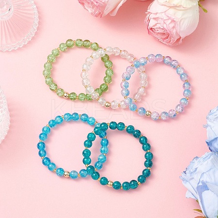 5Pcs 5 Color Spray Painted Crackle Glass Beads Stretch Bracelets for Men Women BJEW-MZ00202-1