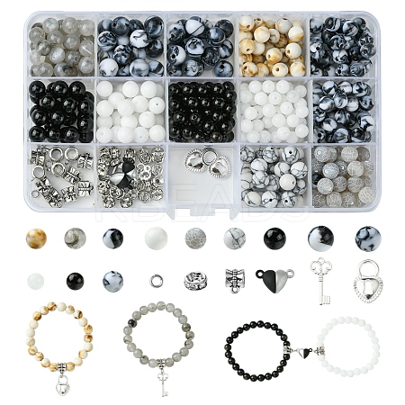 DIY Alloy & Round Natural White Jade & Obsidian & Crackle Agate & Synthetic Howlite Beads Couple Bracelets Jewelry Making Kits DIY-FS0007-49-1