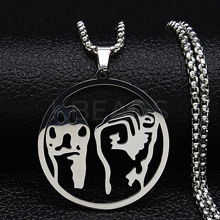 201 Stainless Steel Hollow Flat Round Animal Liberation Front Pendant Necklaces NJEW-H065-20P-1