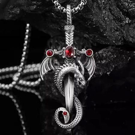 Alloy & 201 Stainless Steel & Rhinestone Dinosaur Wrapped Sword Pendant Necklaces for Men FS-WGFE8C1-04-1