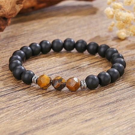 Bohemian Natural Black Onyx & Tiger Eye Beaded Stretch Bracelets ZX5026-2-1