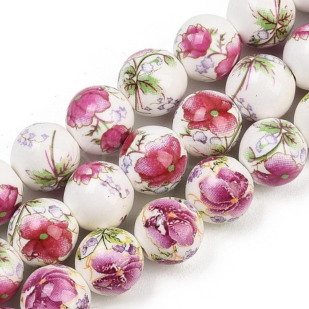 Handmade Flower Printed Porcelain Ceramic Beads Strands PORC-M007-10mm-17-1