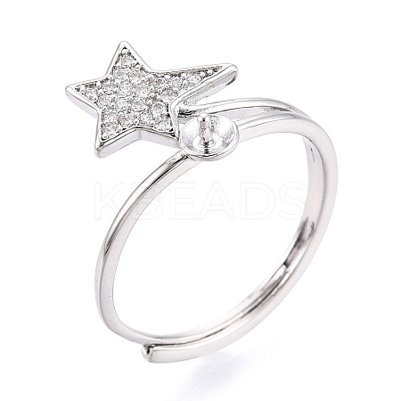 Star Shape Brass Micro Pave Clear Cubic Zirconia Adjustable Ring Settings KK-T076-51P-1