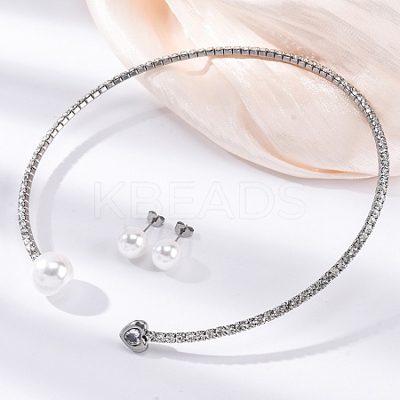 Round Plastic Imitation Pearl Stud Earrings & Heart Cubic Zirconia Rhinestone Cuff Choker Necklaces Sets SJEW-U003-08P-1