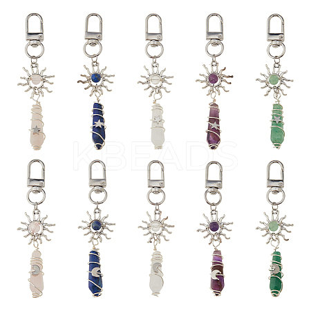 10Pcs Copper Wire Wrapped Natural Quartz Crystal & Amethyst & Rose Quartz & Green Aventurine & Lapis Lazuli Pointed Bullet Pendant Decorations HJEW-FH00149-1