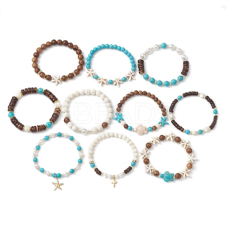 10Pcs 10 Styles Synthetic Turquoise & Coconut & Wood Beaded Stretch Bracelet Sets BJEW-JB10719-1