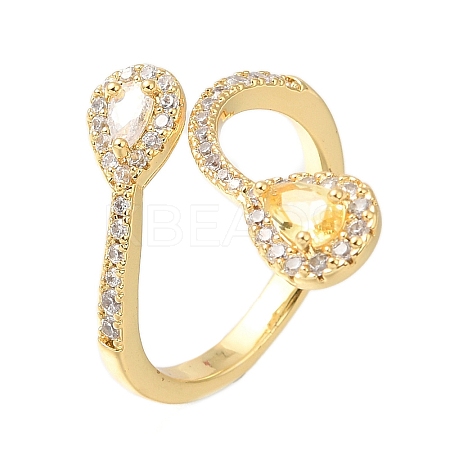 Teardrop Rack Plating Brass Micro Pave Cubic Zirconia Open Cuff Rings for Women RJEW-M022-34G-1