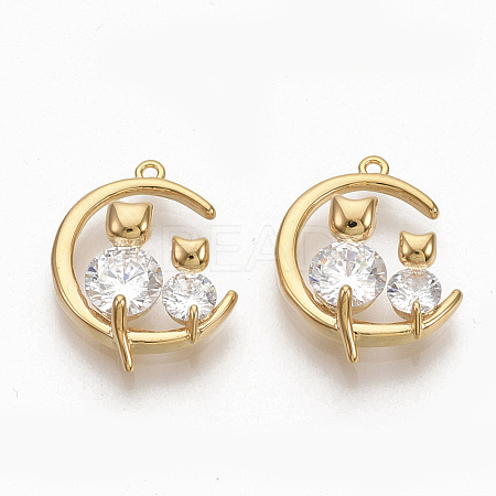Brass Clear Cubic Zirconia Kitten Pendants X-ZIRC-Q021-013G-NF-1