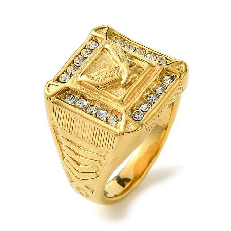 Ion Plating(IP) Square with Bird 304 Stainless Steel Rhinestone Signet Rings RJEW-Q815-04G-M-1