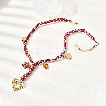 304 Stainless Steel Heart & Glass Leaf Flower Pendant Printed Polyester Cord Necklaces for Women NJEW-A063-07G-1