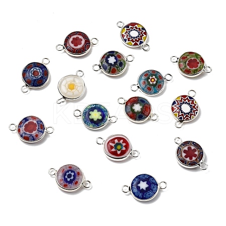 Handmade Millefiori Lampwork Flat Round Connector Charms LAMP-D002-02B-S-1