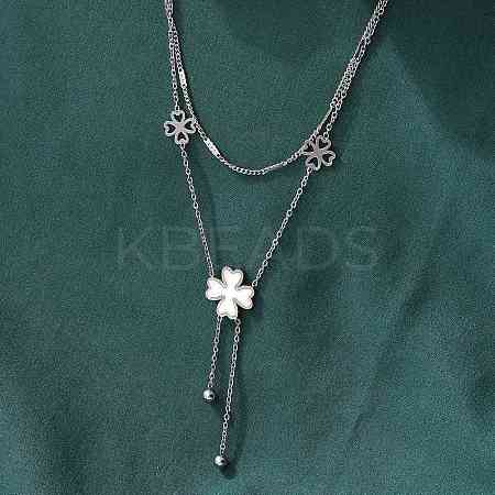 304 Stainless Steel Shell Pearl Clover Pendant Double Layered Necklaces for Women NJEW-U036-01P-1