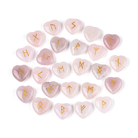 25Pcs Natural Rose Quartz Heart Rune Stones with Elder Futhark Alphabet Engraved G-T144-02D-1