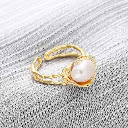 Brass with Natural Pearl Adjustable Cuff Rings RJEW-Q023-02G-1
