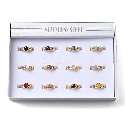 Round Natural Mixed Stone Finger Rings RJEW-C119-01G-1