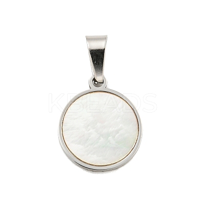 304 Stainless Steel Pave Natural White Shell Flat Round Charms STAS-S130-02P-1