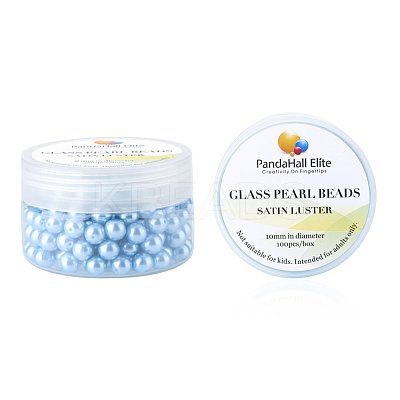 10mm About 100Pcs Glass Pearl Beads Light Blue Tiny Satin Luster Loose Round Beads in One Box for Jewelry Making HY-PH0001-10mm-006-1