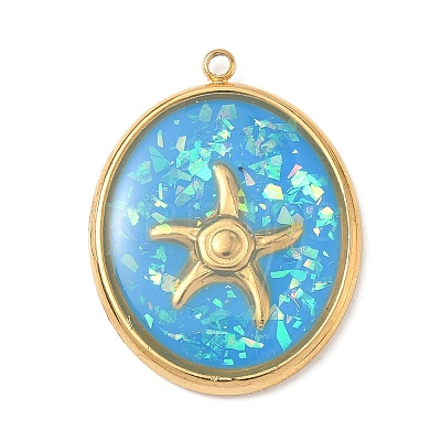 304 Stainless Steel Epoxy Resin with Natural Shell and Sequins Inside Pendants STAS-L026-17G-A03-1