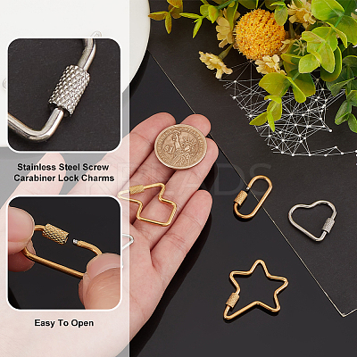 8Pcs 8 Styles 304 Stainless Steel Screw Carabiner Lock Charms AJEW-AN0007-13-1
