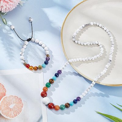 Natural & Synthetic Mixed Gemstone Round Beaded Necklace & Braided Bead Bracelet SJEW-AR0001-01-1