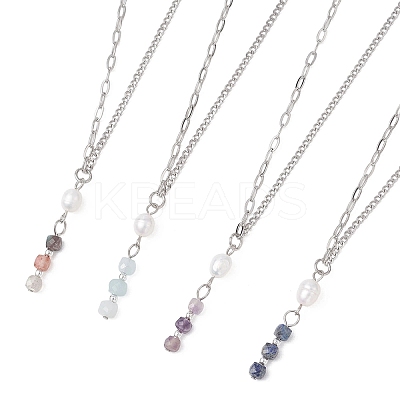 Natural & Synthetic Mixed Stone Faceted Cube & Rice Natural Pearl Beaded Pendant 304 Stainless Steel Cable Chain Twisted Chain Necklaces NJEW-JN05846-1