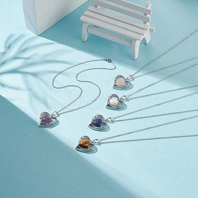 Heart Natural Mixed Stone Pendant Necklaces NJEW-JN03968-1
