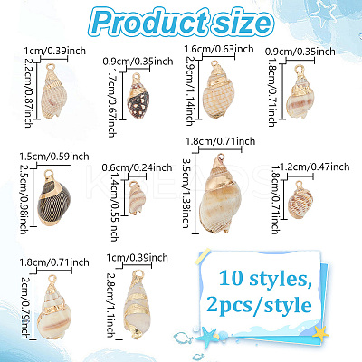 20Pcs 10 Styles Electroplated Spiral Shell Pendants SSHEL-HY0001-04-1