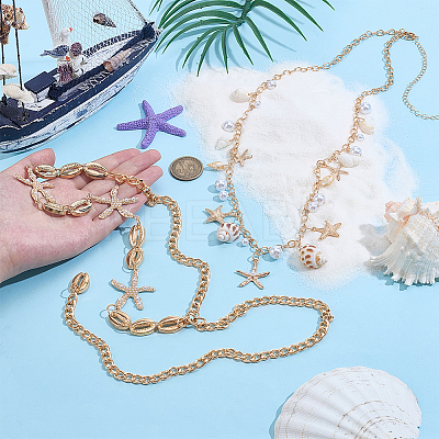 2Pcs 2 Styles Natural Mixed Shell & Alloy Starfish Tassel Chain Belts AJEW-PH0006-73-1